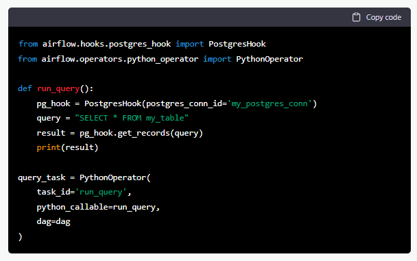 Example of using the Airflow PostgresHook to run a SQL query on a Postgres database
